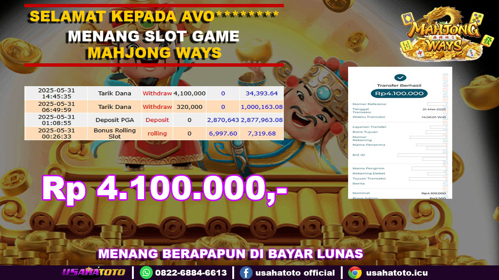 Bukti jpkemenangan mahjng ways 31 mei 25