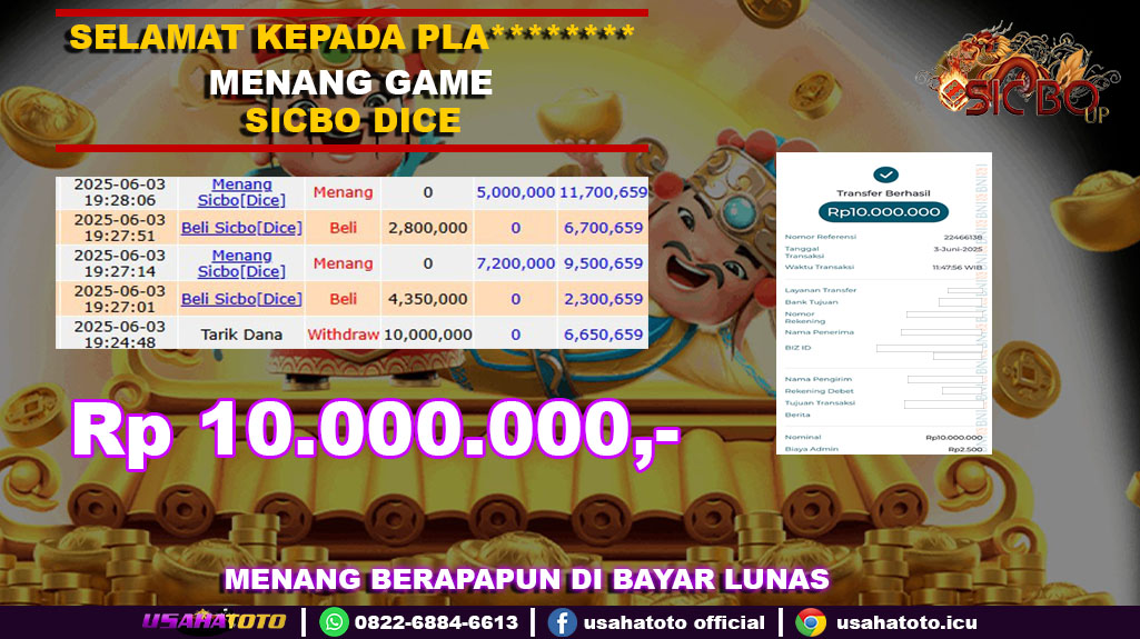 Bukti jp kemenangan game sicbo dice 03 juni 25